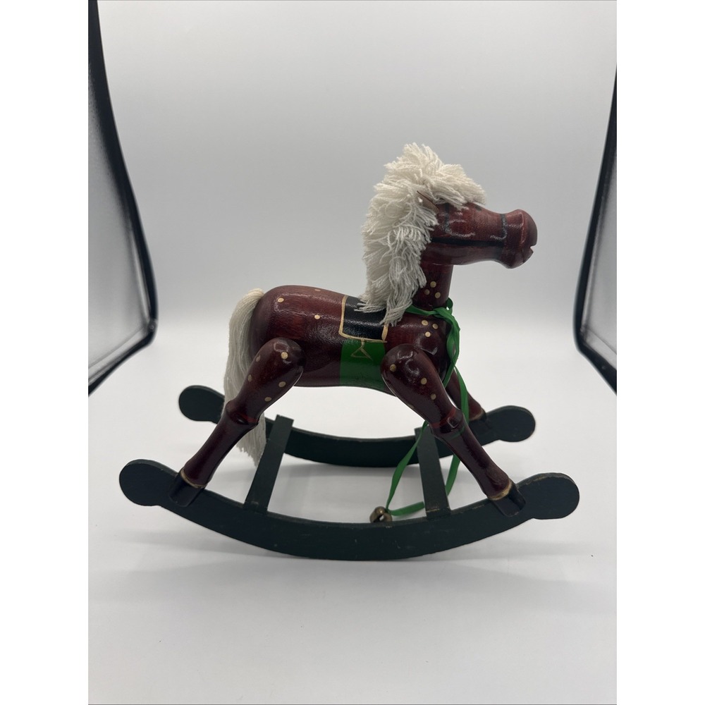 Classic Wooden Rocking Horse Toy White Yarn Mane & Tail Rustic Nursery Decor